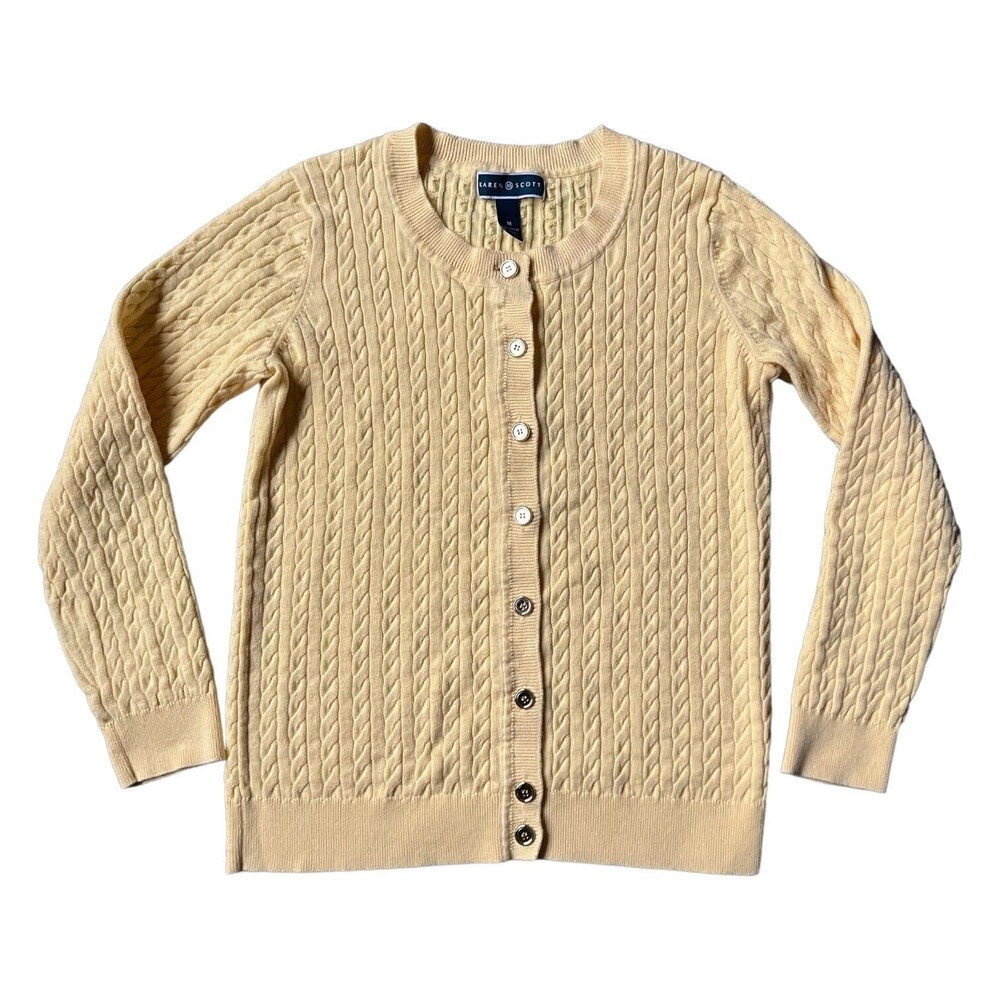 Karen Scott Women's Yellow Cable Knit Button Up Cardigan Sweater Medium M EUC